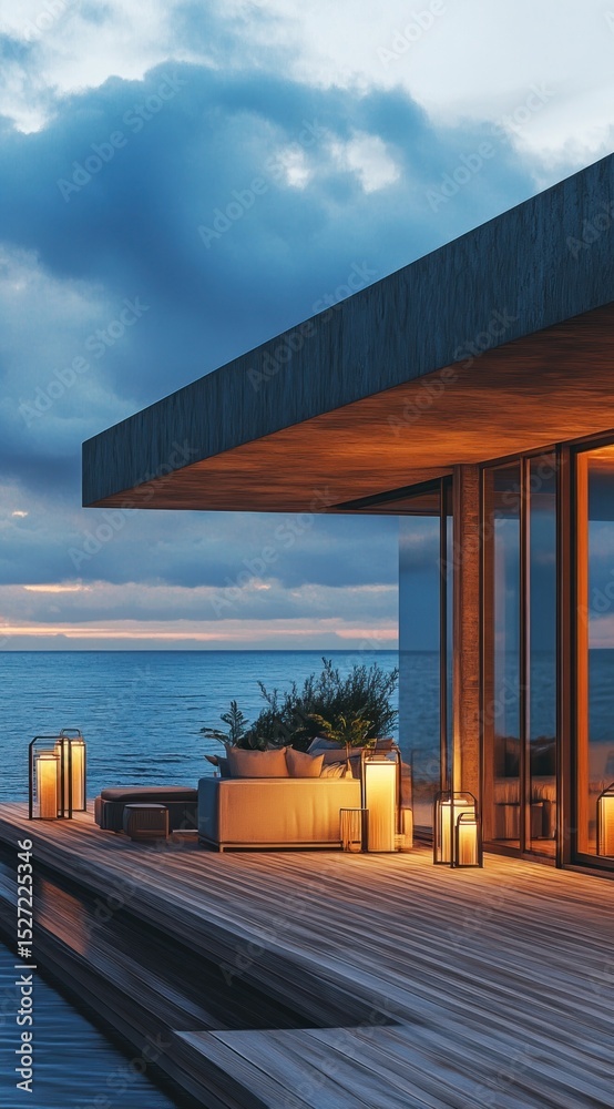 Fototapeta premium Modern beachfront house at sunset (1)