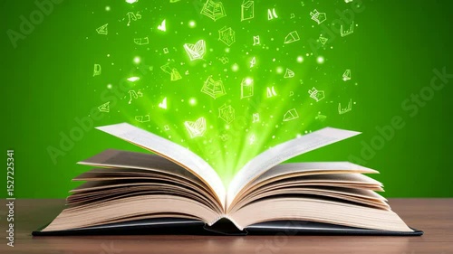 Open book with flying books against a green background symbolizing imagination and knowledge