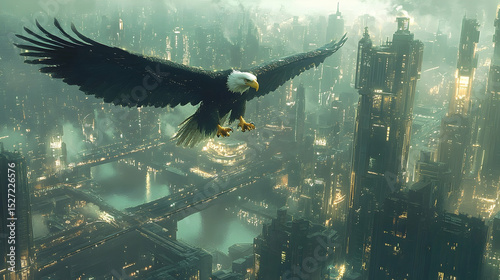 Majestic eagle soaring over a futuristic city.