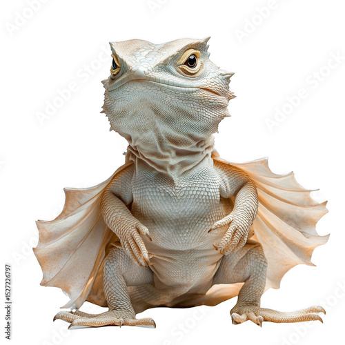 A frilled lizard with its distinctive neck frill expanded, standing on its hind legs with detailed scales and sharp claws visible. Png, Transparent background.
