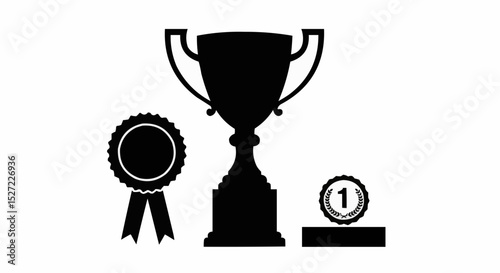 Golden victory trophy cup with ribbon for the champion's first place achievement
