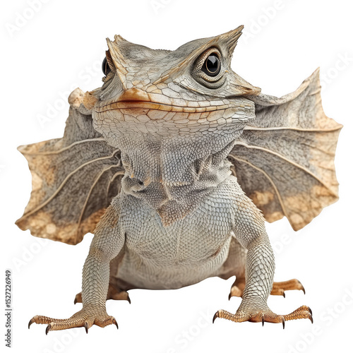 A close-up of a frilled lizard showcasing its distinctive frill, textured scales, and alert posture. Png, Transparent background.