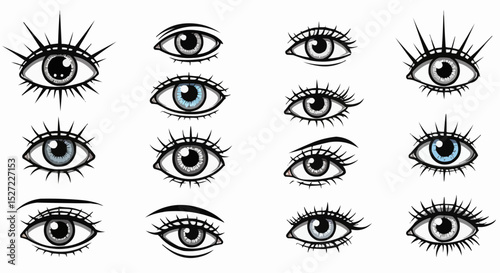 Set of stylized eye icons featuring female beauty elements and makeup design