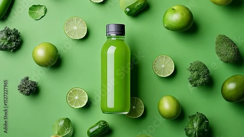 Refreshing Green Juice Bottle Surrounded by Fresh Produce