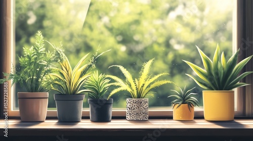 Plants on windowsill, sunny day
