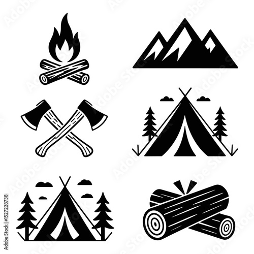 Minimalist Camping Vector Pack with Campfire, Tent, Axe, Mountain, and Log Icons in Monochrome Style