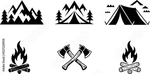 Minimalist Camping Vector Pack with Campfire, Tent, Axe, Mountain, and Log Icons in Monochrome Style
