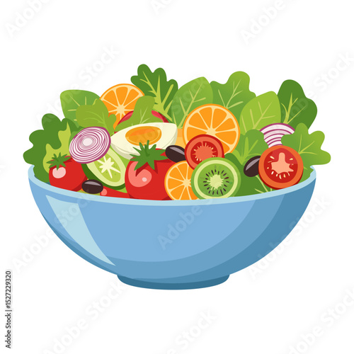 Fresh vegetable and fruit salad served in bowl. Vector cartoon illustration isolated on Transparent background