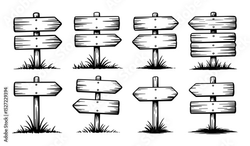Hand Drawn Wooden Signpost Vector Set with Arrow Boards and Grass Base in Vintage Style