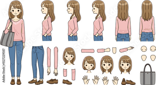 Teenage girl character with shopper bag. Constructor for animation. Front, side and back view set. Body parts, postures, poses collection.