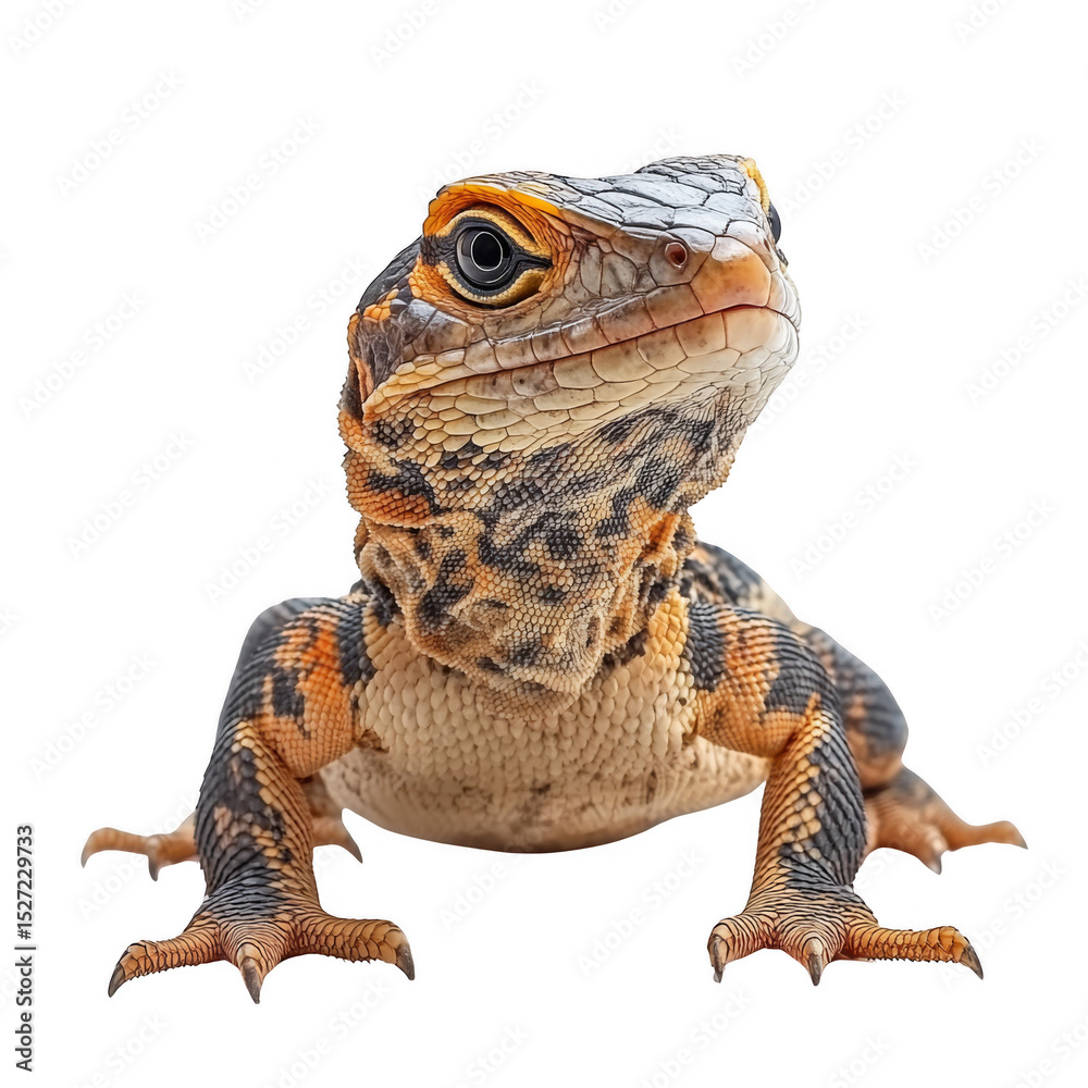 Obraz premium A close-up of a colorful, detailed lizard with textured scales and vivid orange, black, and beige patterns on its body and face. Png, Transparent background.