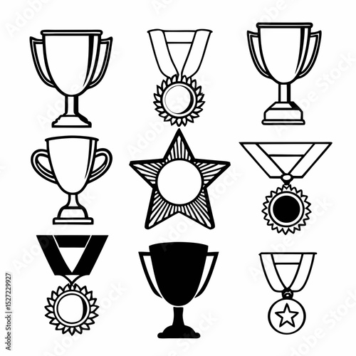 Flat stroke icon set of trophies and medals