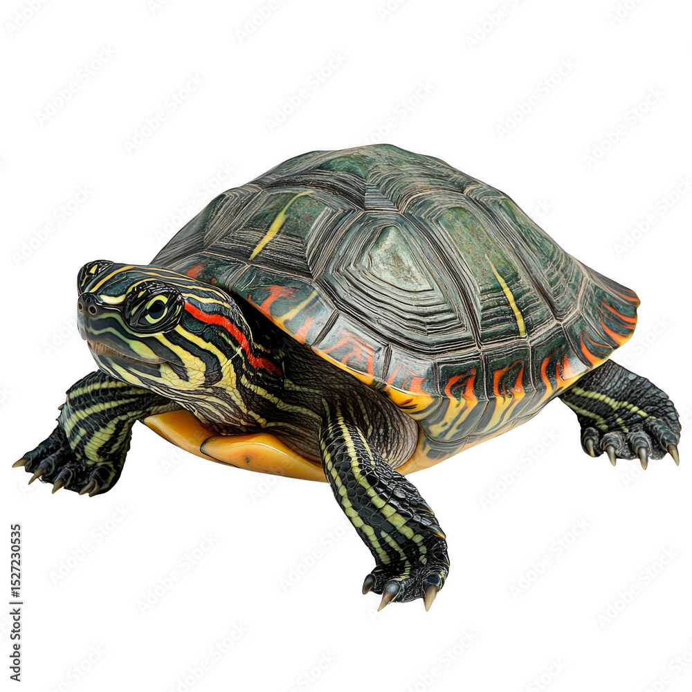 Obraz premium A colorful turtle with detailed patterned shell and vibrant red, yellow, and green markings on its head and legs. Png, Transparent background.