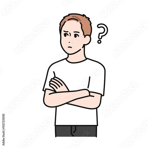 腕組みをして考え事をするTシャツを着た若い男性のイラスト素材