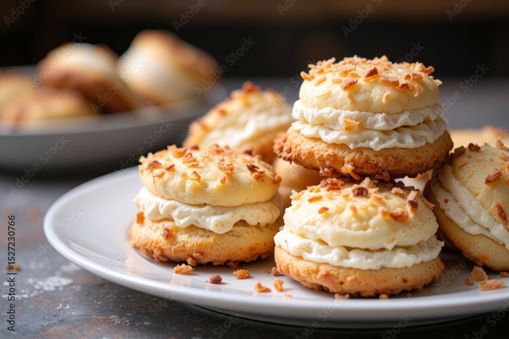 Delicious Coconut Cream Filled Cookies on White Plate Sweet Treats Bakery Dessert Delicious Coconut Cream Filled Cookies on White Plate Sweet Treats Bakery Dessert