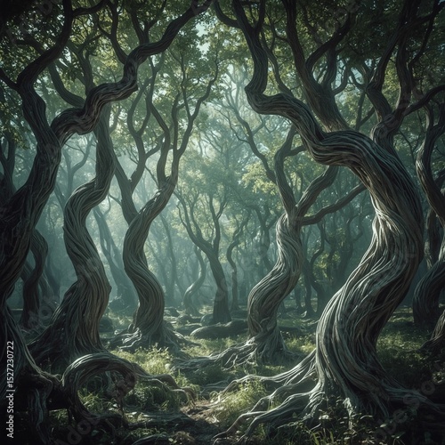 A majestic, sentient forest, its living, breathing essence tangibly pulsing through twisting, serpentine trees with gnarled, silver-gray trunks and branches that shimmer with a soft, ethereal light,