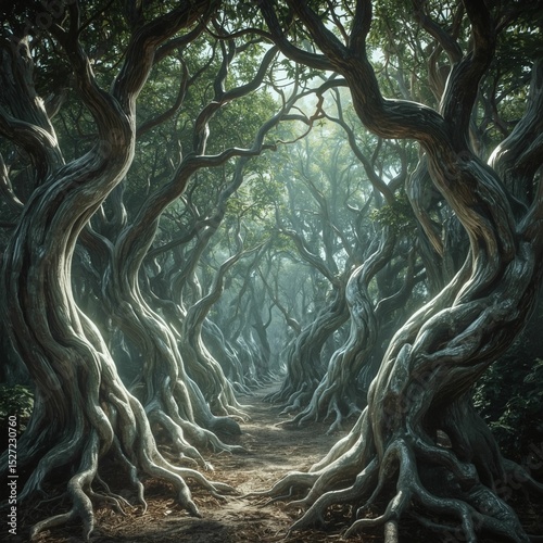 A majestic, sentient forest, its living, breathing essence tangibly pulsing through twisting, serpentine trees with gnarled, silver-gray trunks and branches that shimmer with a soft, ethereal light,