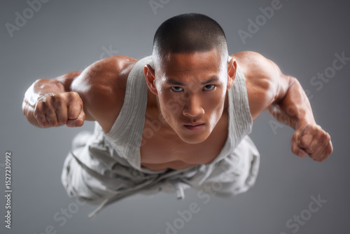 portrait of stuntman in dynamic pose positioned to left showcasing determined expression