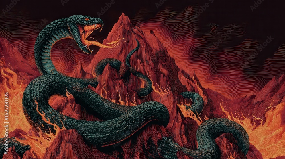 Obraz premium A colossal serpent ascends a fiery mountain.