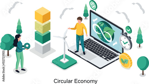 Circular economy concept. Sustainable economic development, Co2 emission impact. Green industry, environment, environmental responsibility infographic. 