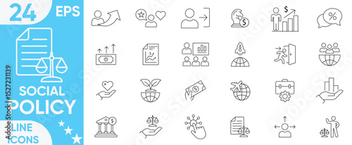 Social policy icons set.Decision Making, Guidelines, Administration, Regulation, Social Services, Labor, Welfare, Reform, Education and more.Vector and illustrator set.