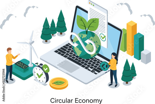 Circular economy concept. Sustainable economic development, Co2 emission impact. Green industry, environment, environmental responsibility infographic. 
