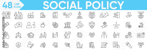 Social policy icons set.Decision Making, Guidelines, Administration, Regulation, Social Services, Labor, Welfare, Reform, Education and more.Vector and illustrator set.