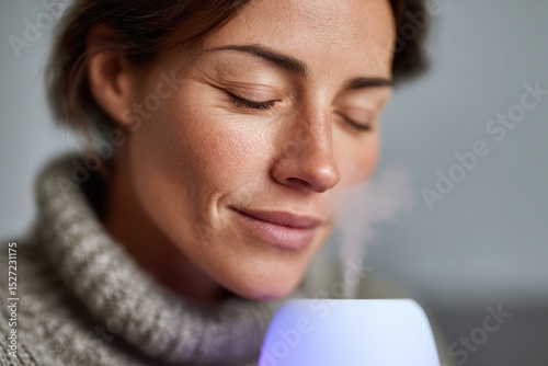 Woman inhaling essential oils from diffuser with eyes closed