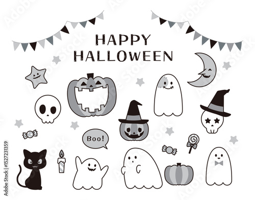 ハロウィーンのイラストセット　ジャックオランタン　お化け　黒猫　ガイコツ　お菓子