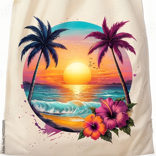 Tropical sunset beach scene with palm trees ocean waves and vibrant hibiscus flowers in circle design