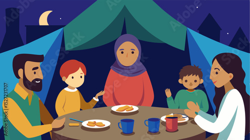 A family of refugees gathers around a sp dinner table in a makeshift camp their faces weary and hopeless as they try to ignore their gnawing hunger.. Vector illustration