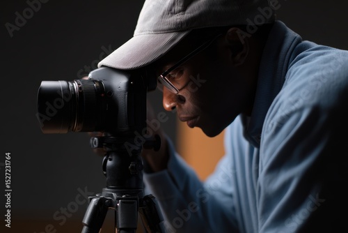 Photographer adjusting camera tripod in indoor setup