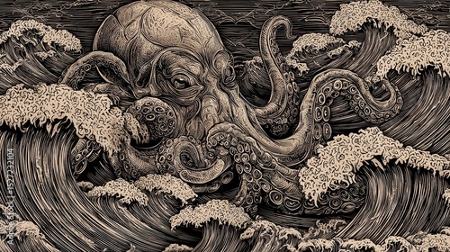 A powerful kraken amidst raging waves.
