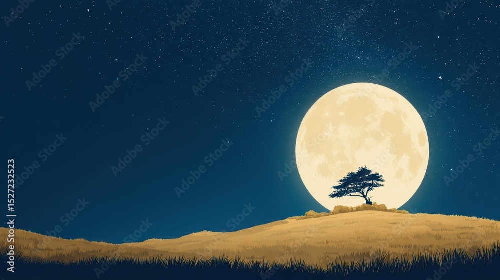 Naklejka premium Solitary tree on a hill under a large moonlit sky.