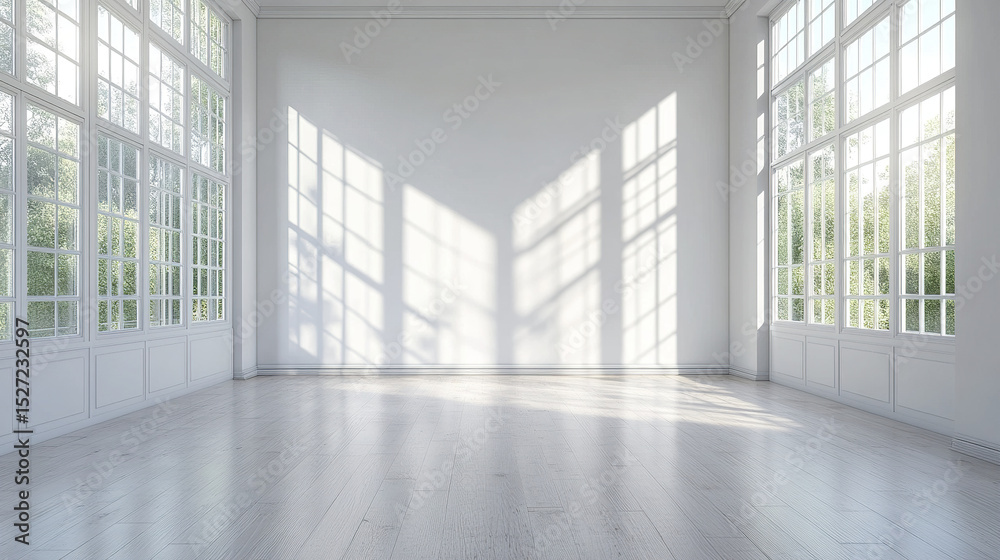 Fototapeta premium Bright, spacious, empty room with large windows and natural light creating shadows