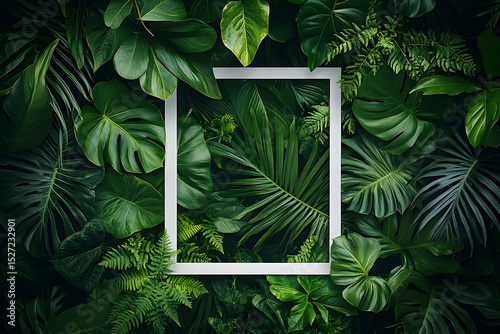 White frame amidst a vibrant arrangement of tropical leaves.