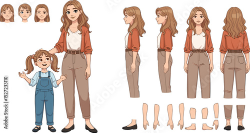 Mother with daughter characters. Constructor for animation. Front, side and back view set. Body parts, postures, poses collection.