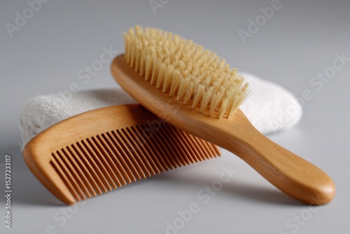 Wooden comb placed neatly with hairbrush