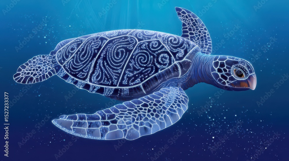 Obraz premium Detailed underwater view of a sea turtle adorned with intricate patterns.