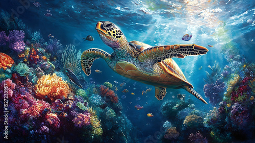 A sea turtle gracefully glides through a vibrant coral reef.