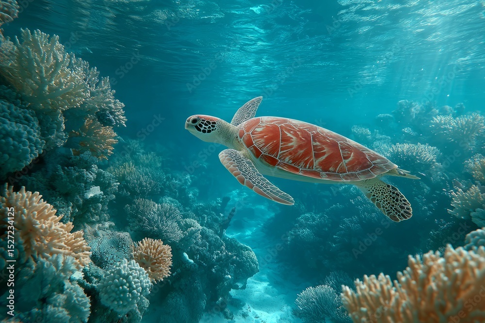 Obraz premium Majestic Sea Turtle Gracefully Swimming Amidst Vibrant Coral Reef in Turquoise Ocean Waters