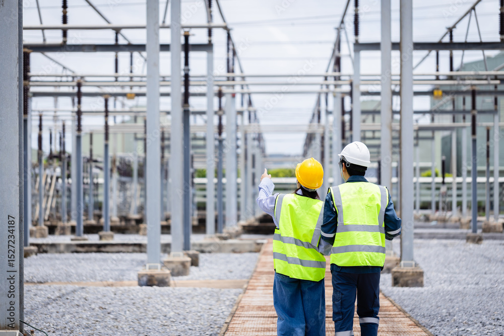 Naklejka premium Engineer is working at high voltage power substation wearing safety gear while conducting inspection and check of electrical infrastructure to ensure proper operation and safety