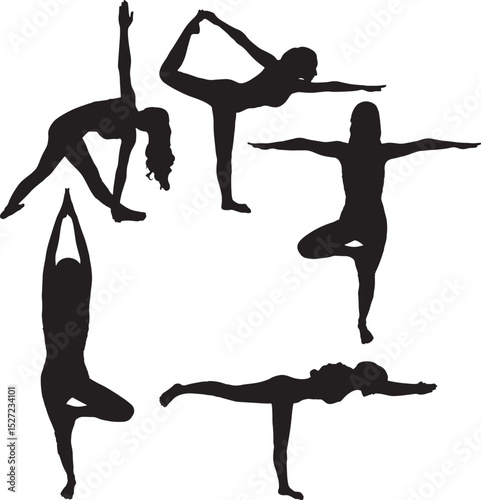 Yoga Poses Silhouettes, Set of Women on White Background.