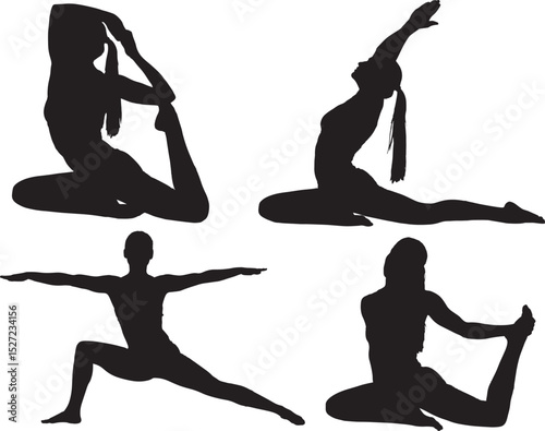 Yoga Poses Silhouette Set, Vector Illustration Isolated on White.
