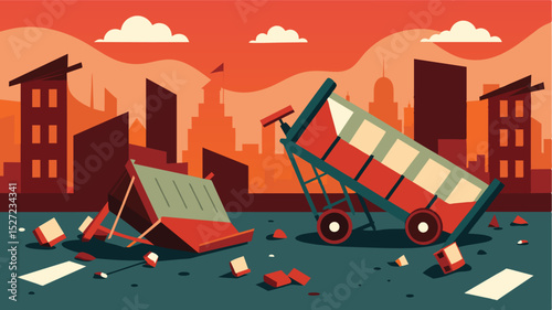 A street lined with overturned carts and toppled stands portrays the aftermath of a riot sparked by economic injustice and social unrest.. Vector illustration
