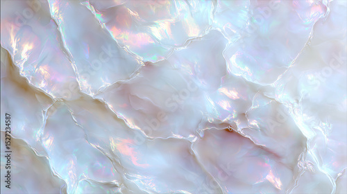 柔らかな曲線に沿って虹色の光が反射する真珠母貝のような質感。ジュエリーや高級感ある背景に適したビジュアル。