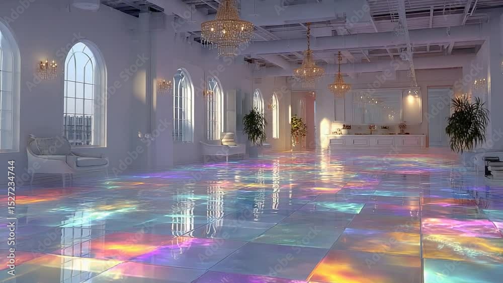 Elegant event space with a shimmering multi colored floor and chandeliers providing soft light