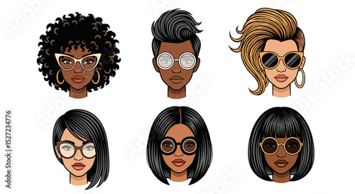 Diverse Women Faces With Different Hairstyles and Glasses
