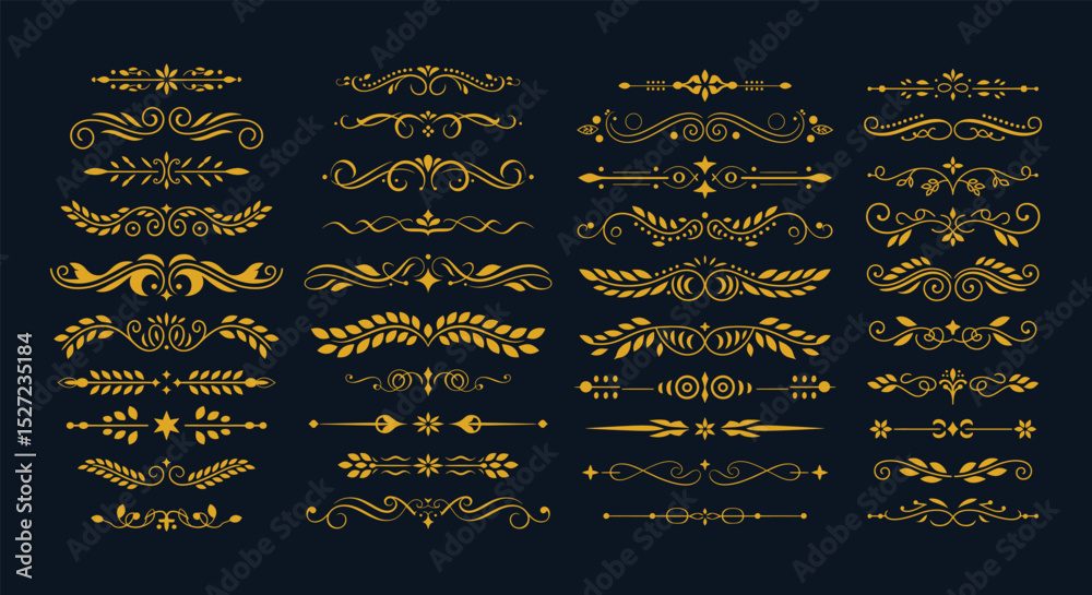 Luxurious Golden Flourish Dividers, An Exquisite Collection of Elegant Decorative Horizontal Border Ornaments, Perfect for Adding Vintage Charm and Sophistication to Any Design Project