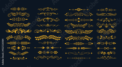 Luxurious Golden Flourish Dividers, An Exquisite Collection of Elegant Decorative Horizontal Border Ornaments, Perfect for Adding Vintage Charm and Sophistication to Any Design Project